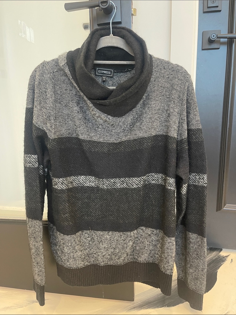 Express Black and Gray Striped Cowl Neck Sweater